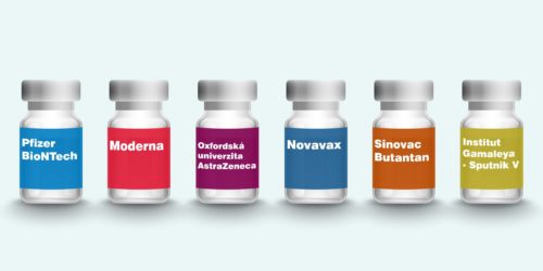 Ilustrace šesti různých ampulek s vakcínou.